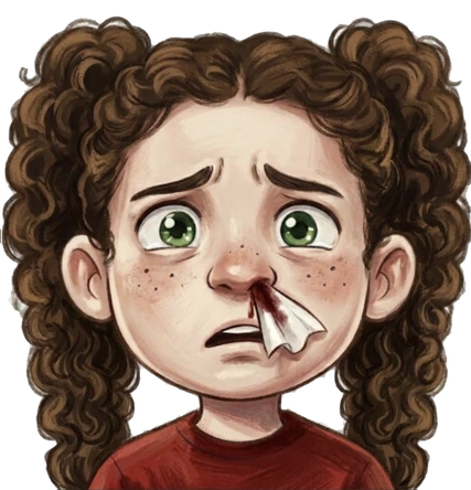 A girl with a bloody tissue in her nose.