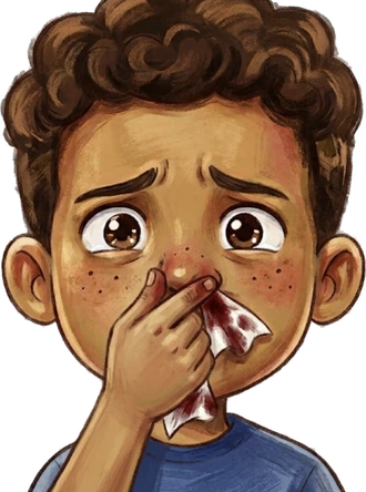 A boy pinching his nose with a bloody tissue.